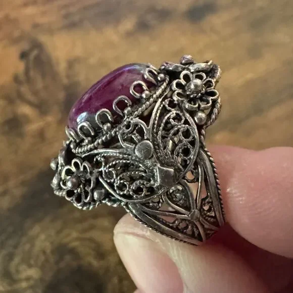 Vintage Sterling Silver Filigree Ring Size 8.5 DGS 925 Turkey Ruby Zoisite Cab